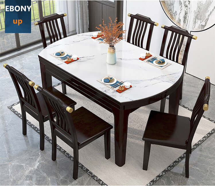 53 Inch Ebony Marble Dining Set With 6 Chairs