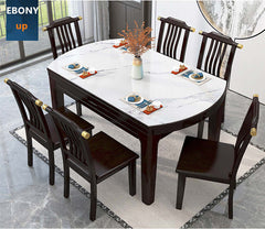 53 Inch Ebony Marble Dining Set With 6 Chairs