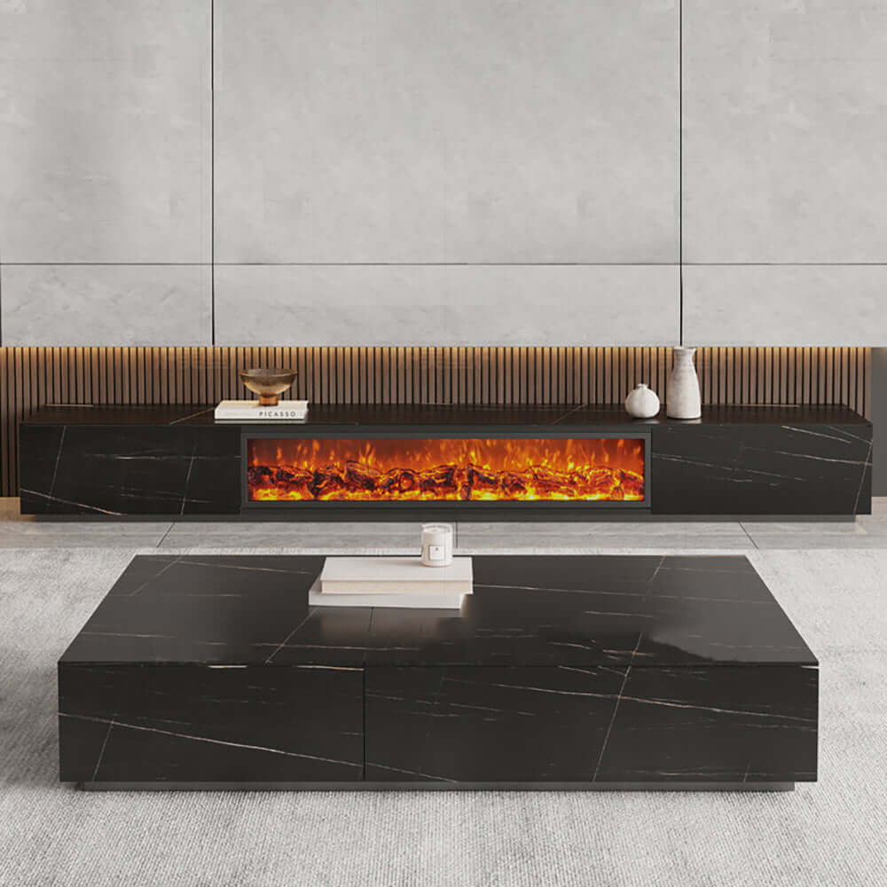 Electric fireplace TV stand with wood storage, available in 70.8 and 78.7 inch sizes