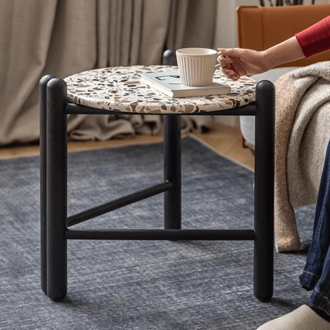Contemporary terrazzo side table with unique patterns and easy maintenance