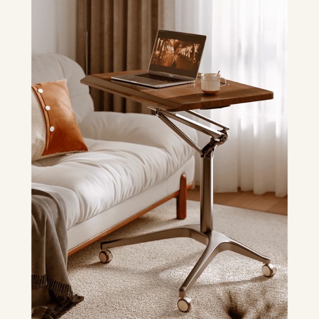 Mobile ergonomic standing desk with premium aluminium alloy frame and warm wood finish