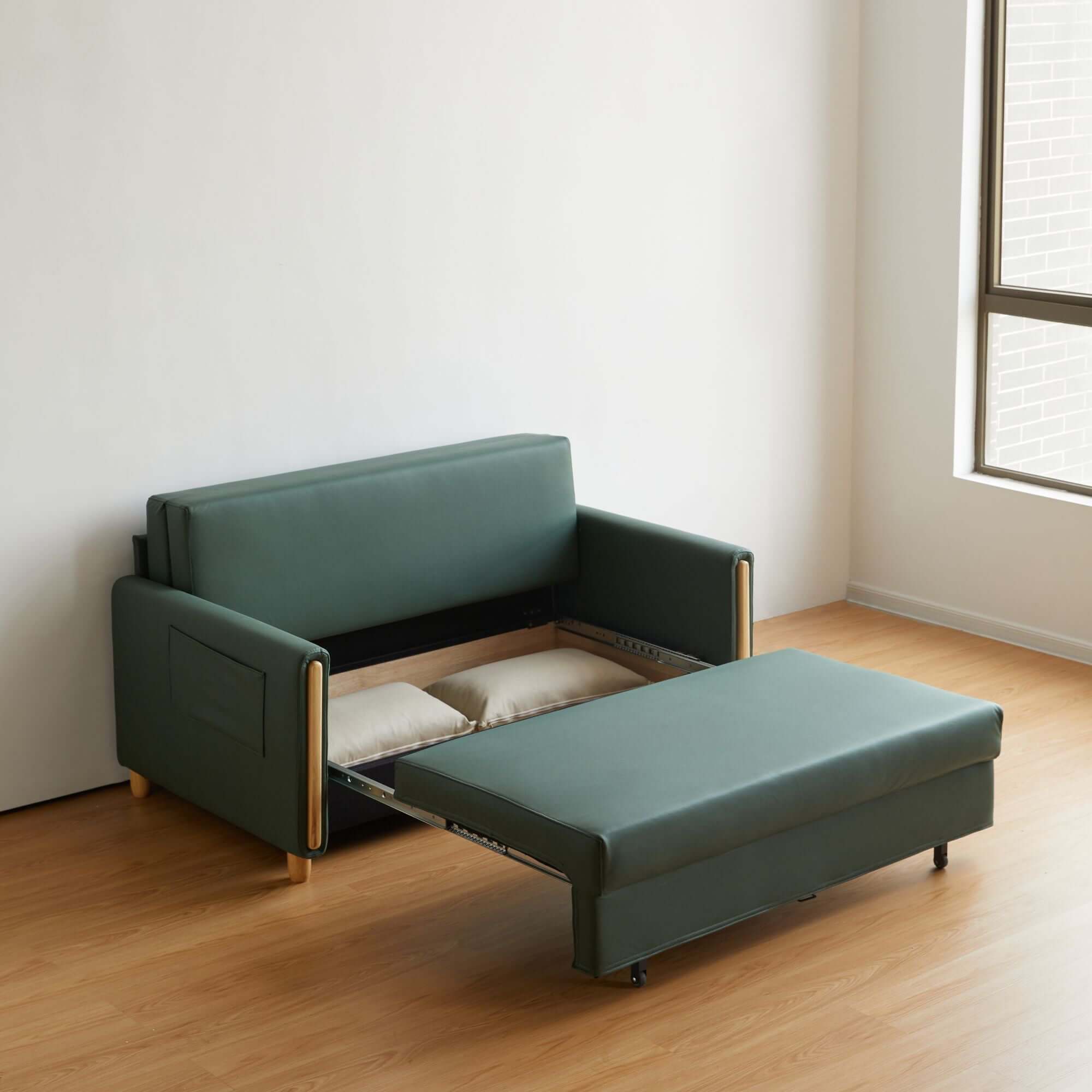 Convertible 3-in-1 sleeper sofa with pull-out bed and storage space