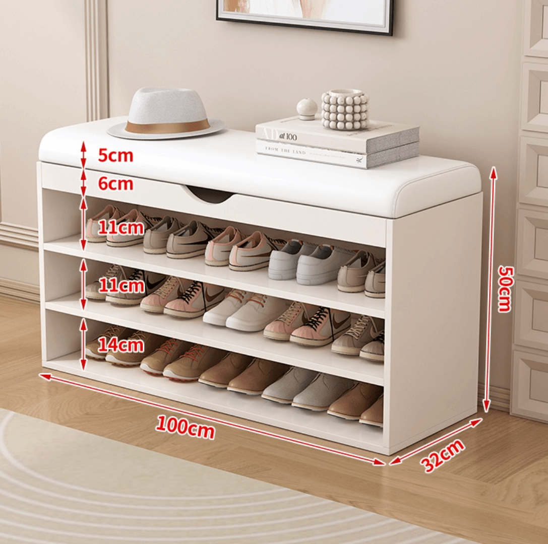 Modern white and orange shoe bench with upholstered seat and space-saving storage