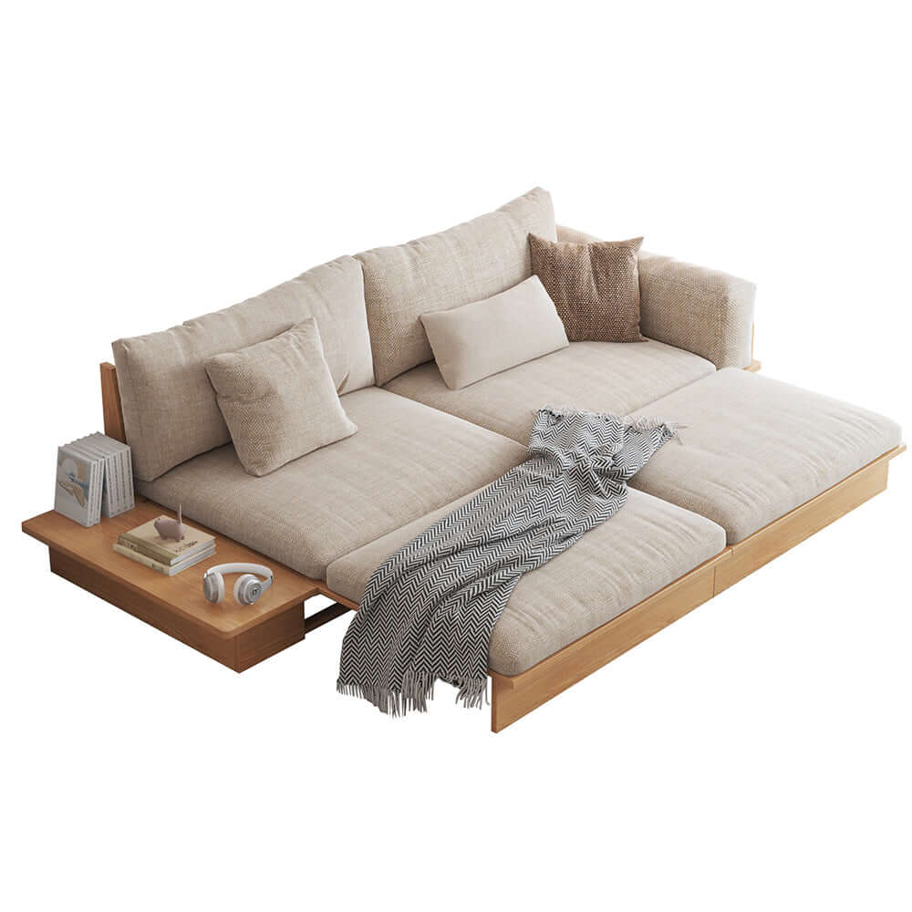 Beige folding sofa bed with solid wood frame and upholstered cotton linen cushions