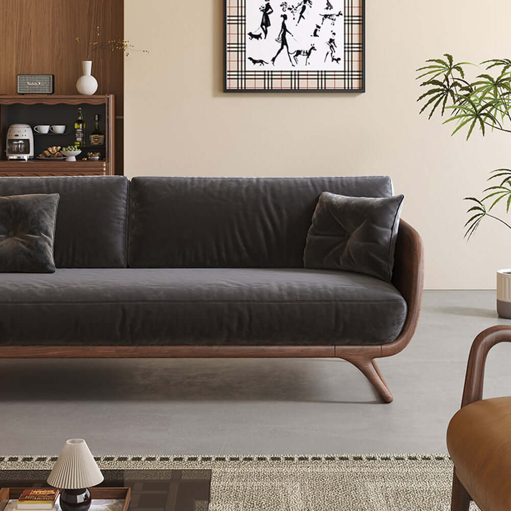 Cocochairs Modern Walnut Solid Wood Straight Sofa – Removable Cushions, Mid-Century 3-Seater Couch for Living Room