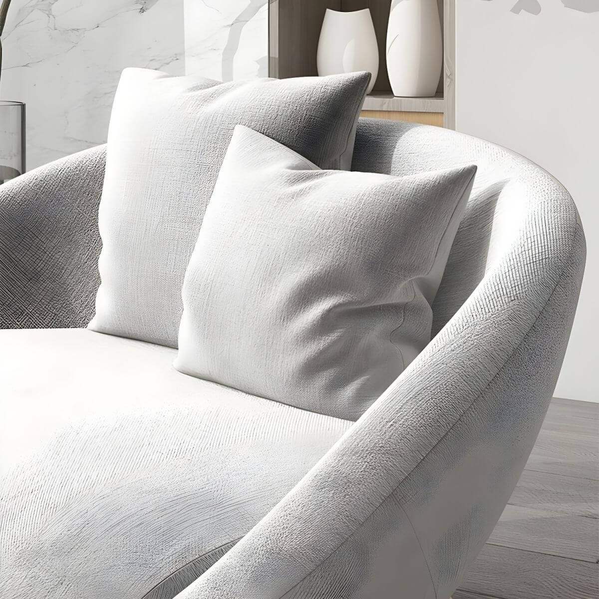 Scandinavian papasan chair with fixed back, sloped arms, cotton blend fabric, and 2 pillows