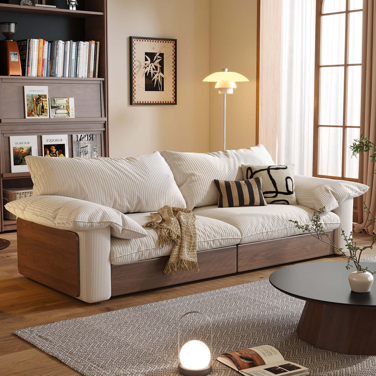 Japandi style pull-out sofa bed available in three fabric options for versatile seating and sleeping
