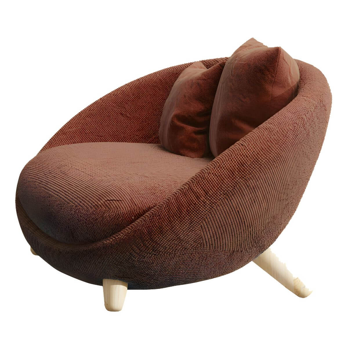 Scandinavian papasan chair with fixed back, sloped arms, cotton blend fabric, and 2 pillows