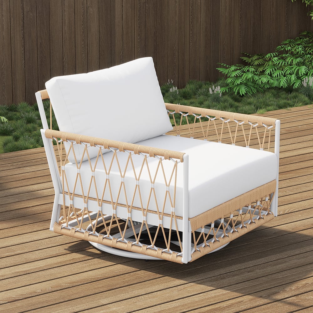 Outdoor 3-piece swivel sofa set with aluminum frame, weave rope, and side table in khaki