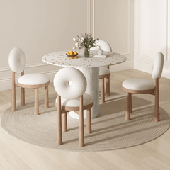 Chic Round Terrazzo Table and Soft Wool Upholstered Chairs - Trendy Home Dining Experience