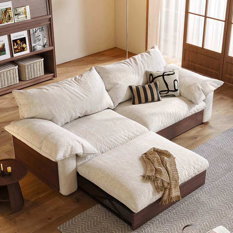 Japandi style pull-out sofa bed available in three fabric options for versatile seating and sleeping