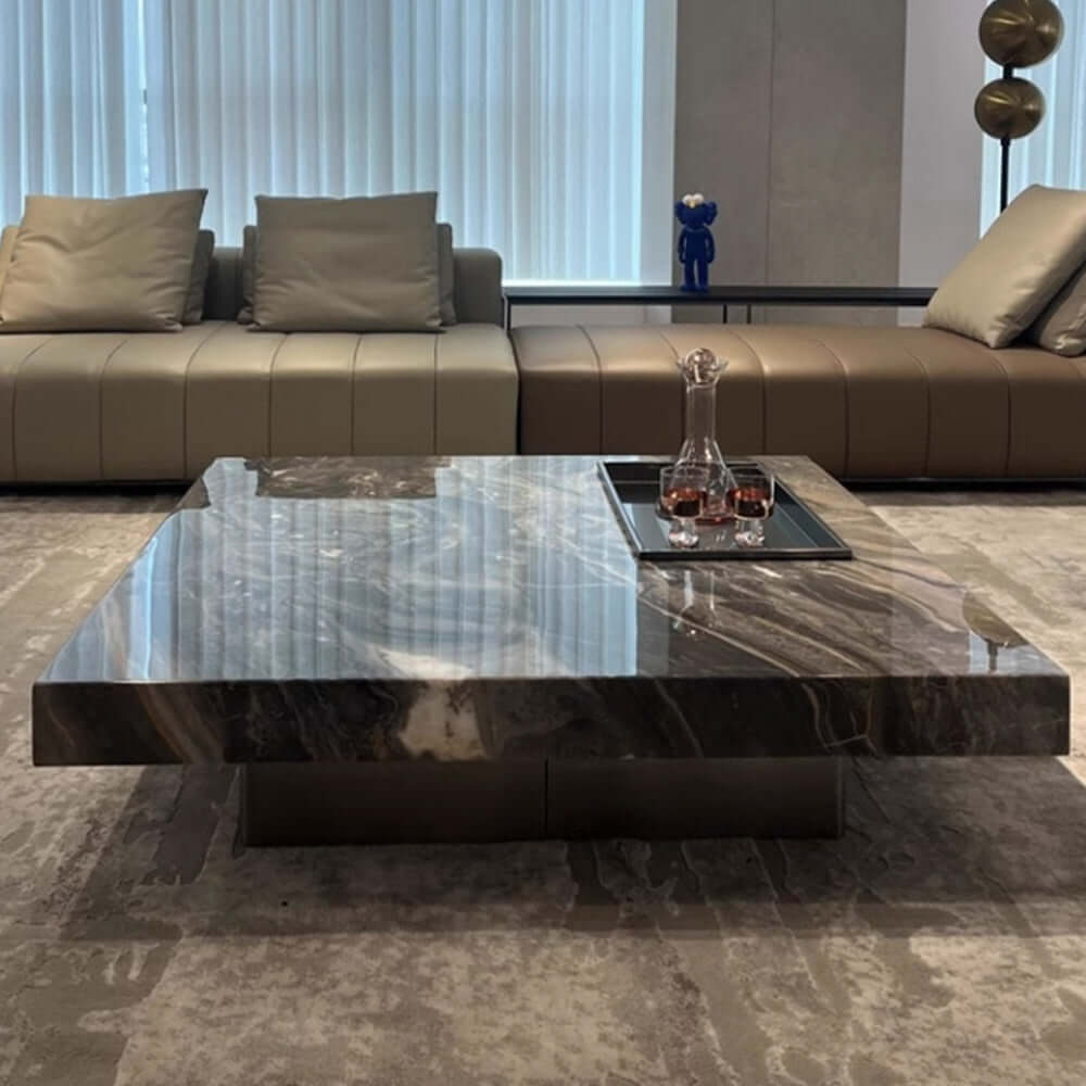 Square coffee table with luxury marbled top and sturdy metal legs