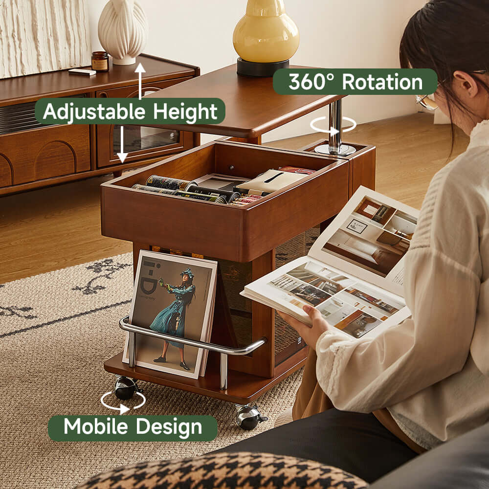 Adjustable solid wood mobile side cabinet with lift-up table top for versatile storage