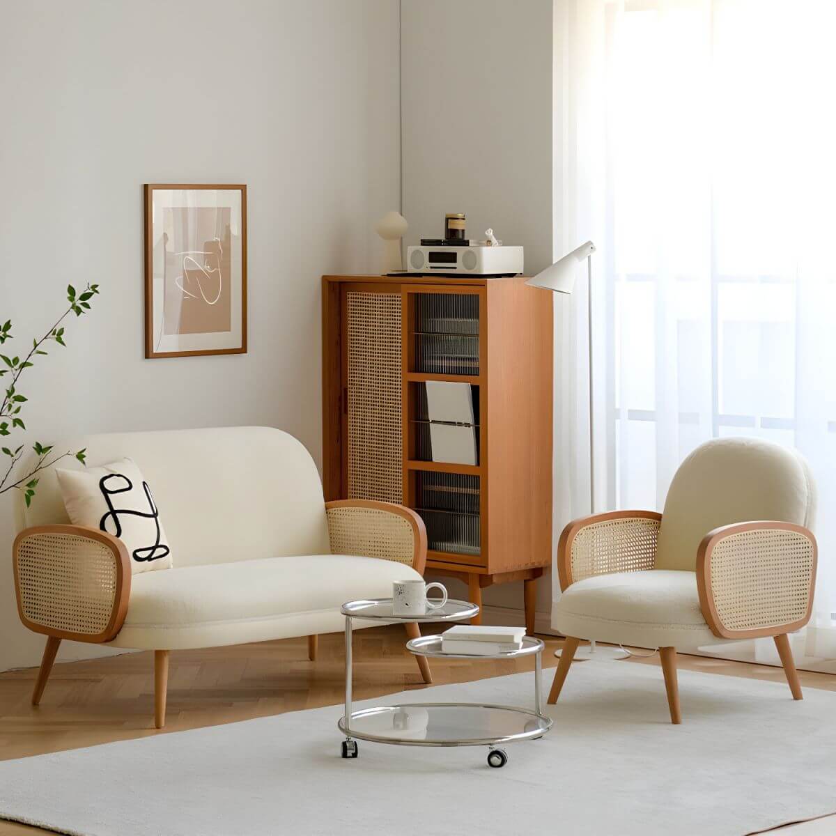 Contemporary wooden sofa with stain-resistant polyester upholstery for living room