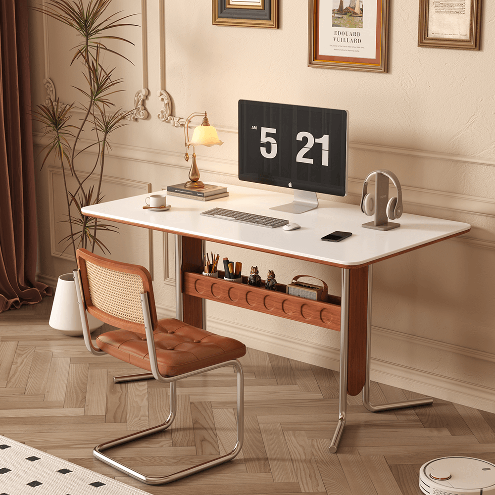 Square vintage dining and desk combo table with slate top, storage, and stainless steel legs