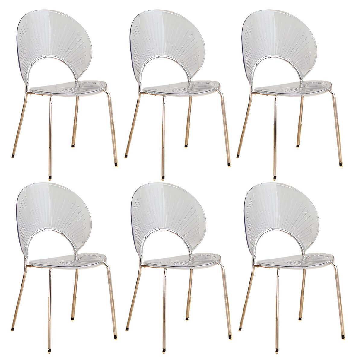 Stackable acrylic dining chair with open back and metal legs, armless design for modern dining rooms