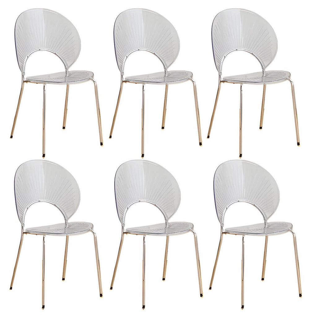 Stackable acrylic dining chair with open back and metal legs, armless design for modern dining rooms