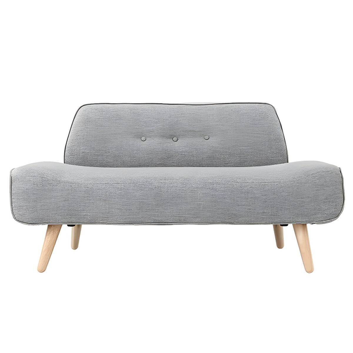 Small Scandinavian style sofa with wood frame and solid color polyester upholstery