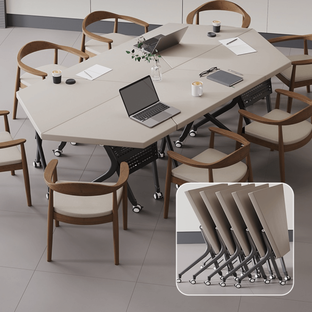 Solid wood multifunctional meeting table with geometric design and movable wheels