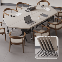Geometrically Designed Solid Wood Multifunctional Meeting Table with Movable Wheels