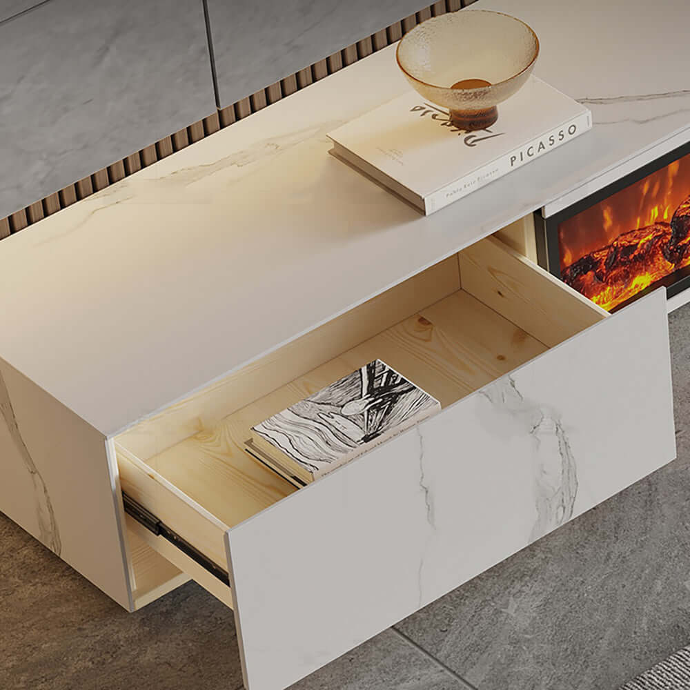 Electric fireplace TV stand with wood storage, available in 70.8 and 78.7 inch sizes