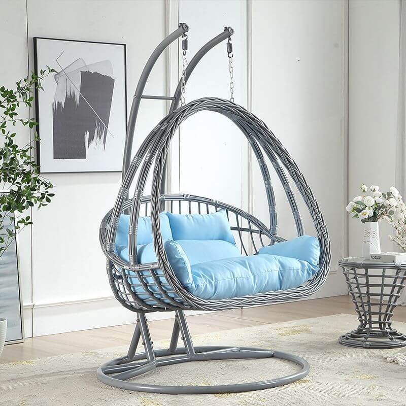 Aluminum porch swing with stand, includes cushions and chain for comfortable outdoor seating