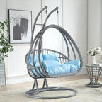 Aluminum porch swing with stand, includes cushions and chain for comfortable outdoor seating