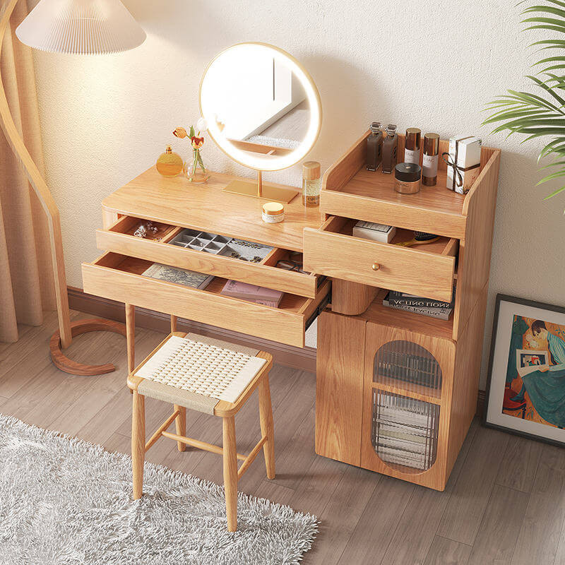Large wooden makeup vanity table with side cabinet and spacious drawers for storage