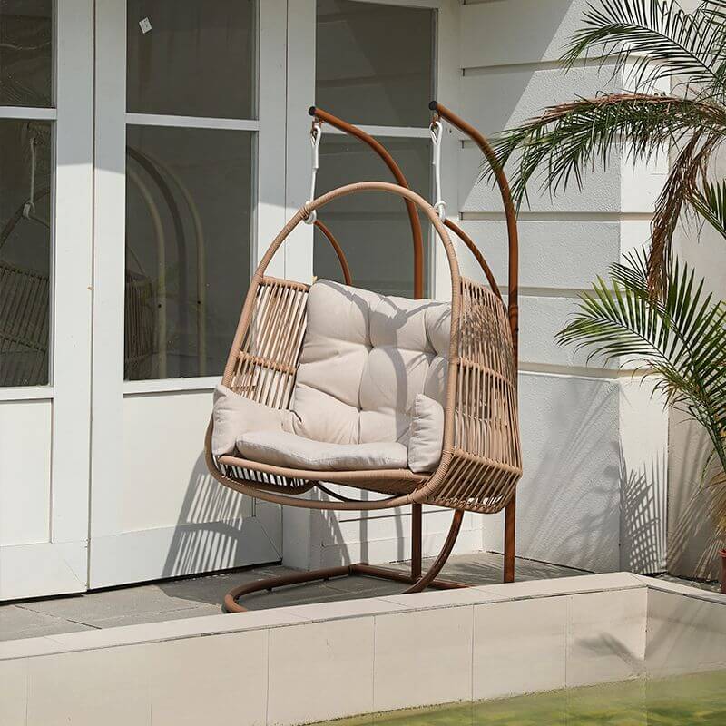 Metal stand porch swing with tropical unfinished color, pads, and chain for two swings