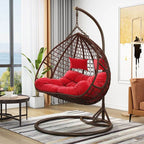 Magenta and sepia porch swing egg chair with alloy stand, chain, cushions, and 2-person seating