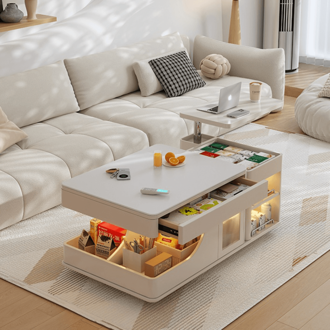 Cream lift-top coffee table with smart storage and easy mobility for modern living rooms