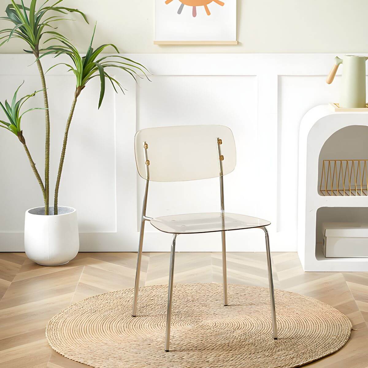 Transparent acrylic dining chair with modern design, perfect for living room and kitchen seating