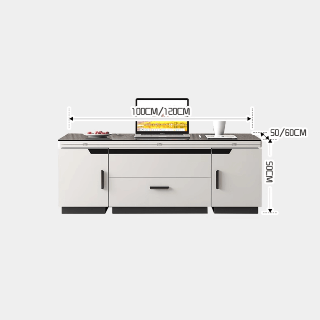 White lift-top coffee table with storage and stools, perfect for compact living spaces