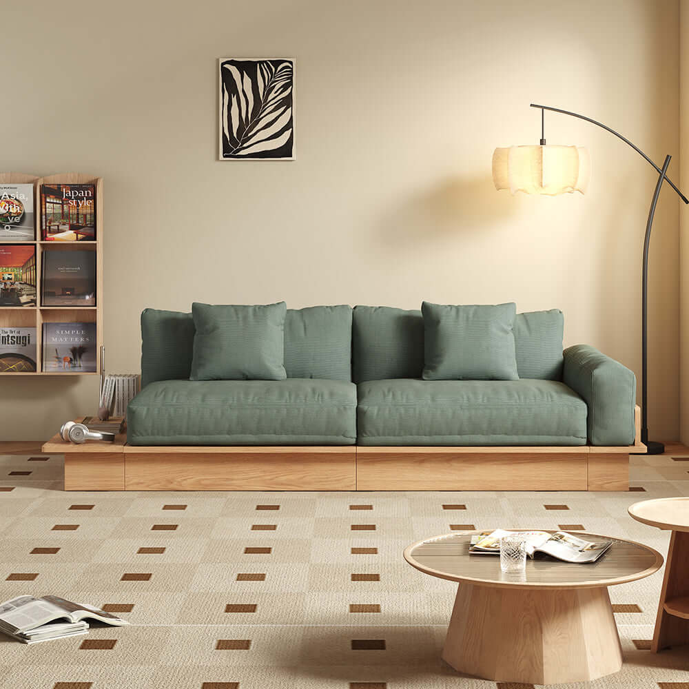 Cocochairs Floor Platform Wood Frame Sofa Bed – Reversible Armrests, Corduroy or Linen-Blend Upholstery