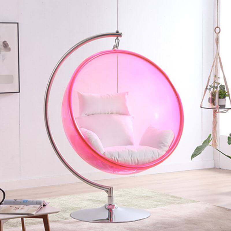 Blue and ruby transparent porch swing with alloy stand, cushions, and chain