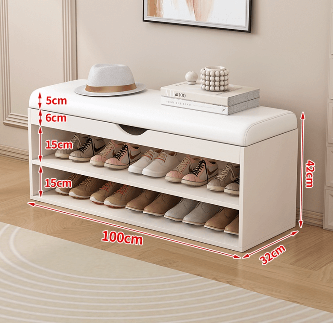 Modern white and orange shoe bench with upholstered seat and space-saving storage