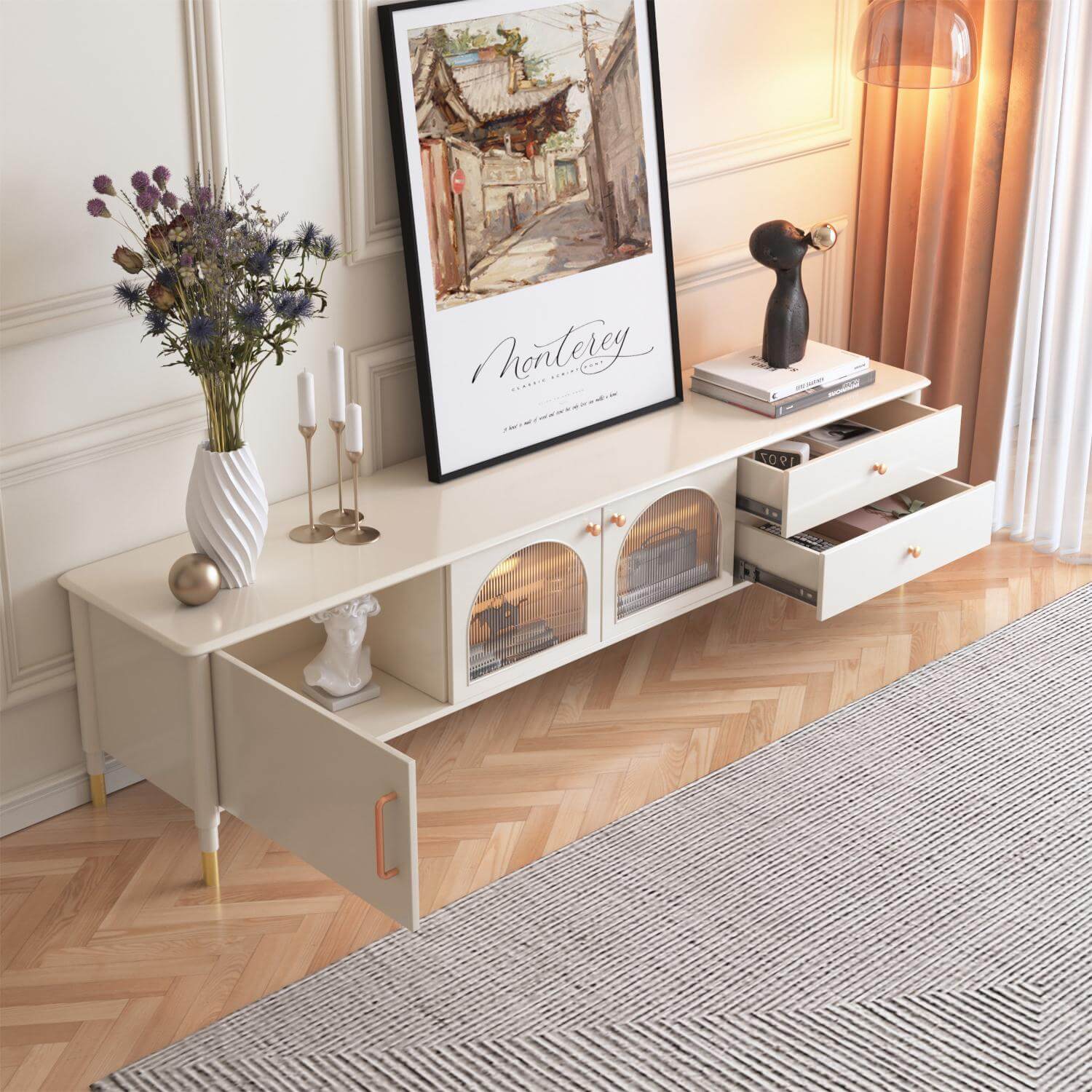 Modern wood TV stand cabinet featuring a glass door for stylish storage and display