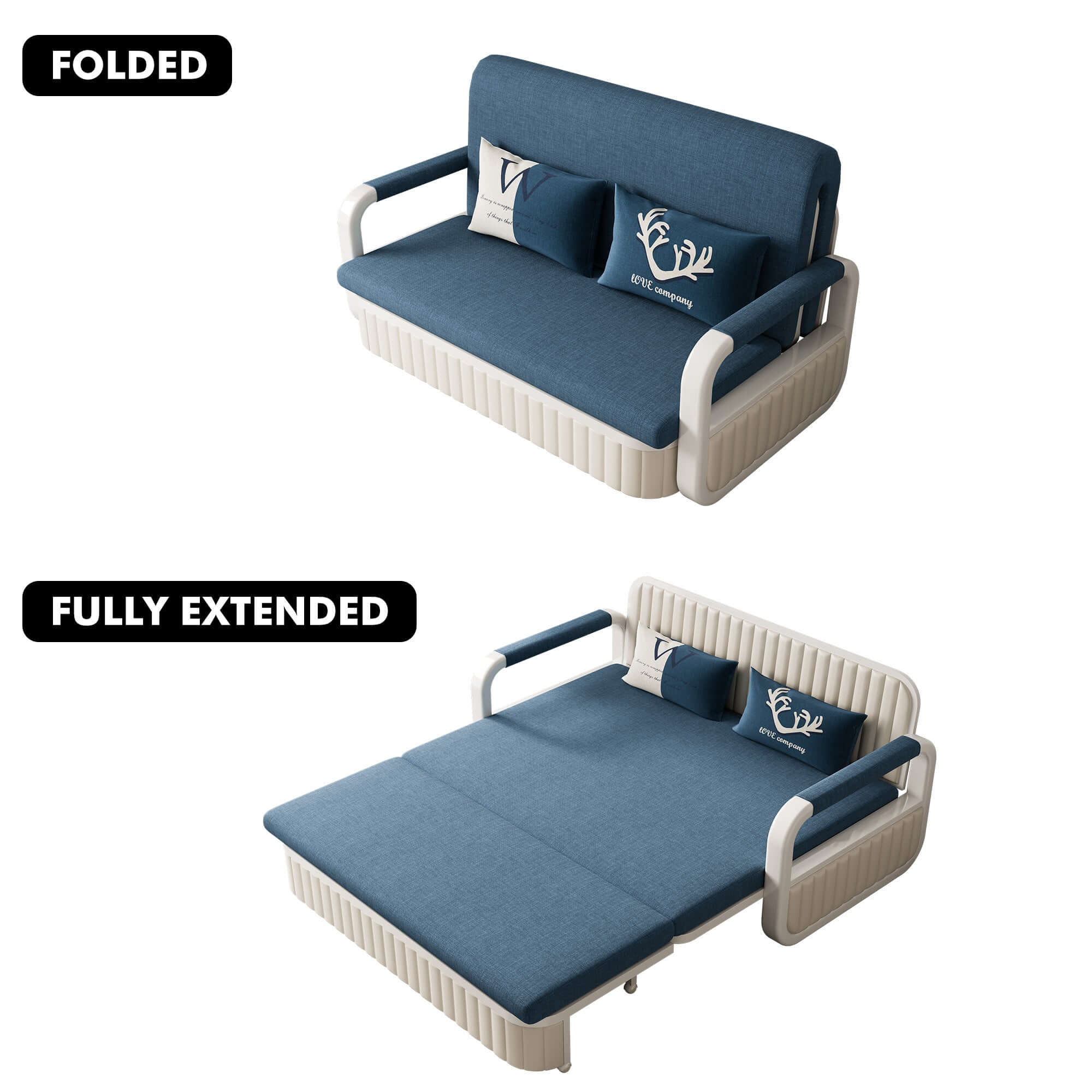 Two-seater sofa bed with cotton linen upholstery, storage compartment, and square arm design
