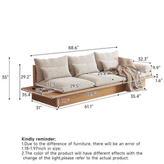 Cotton Linen Beige Sofa With Wood Frame & Storage Underneath