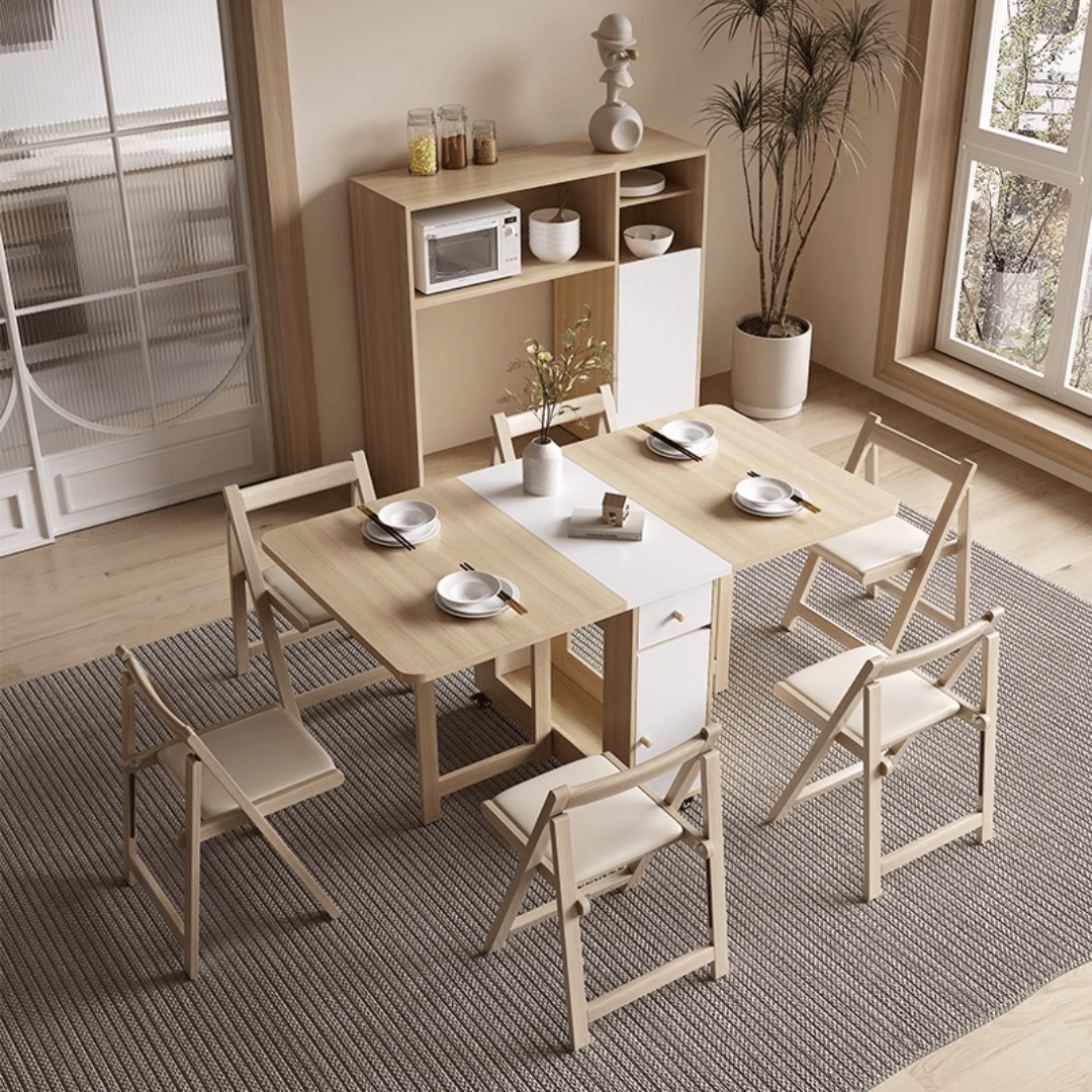 Expandable modern minimalist dining table set with chairs for stylish, space-saving meals