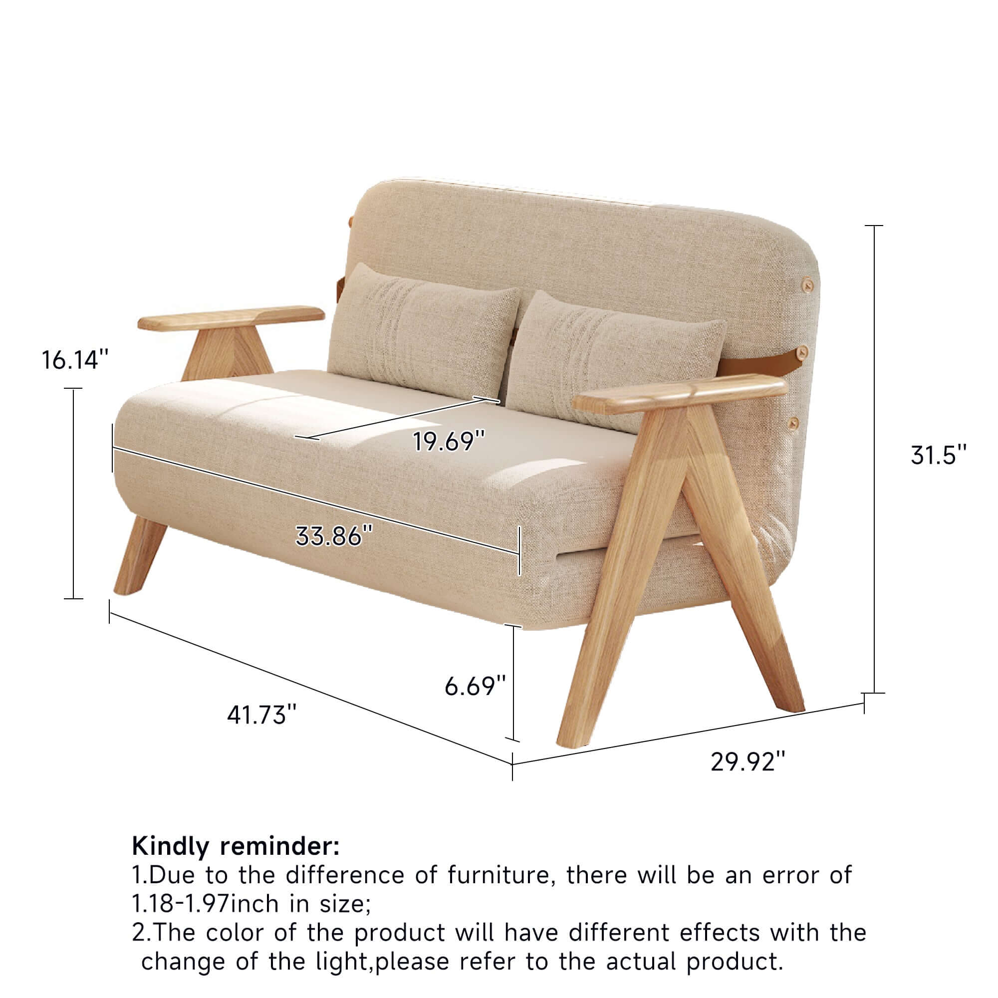 Foldable reclining sofa with armrest in cotton linen fabric for comfortable seating