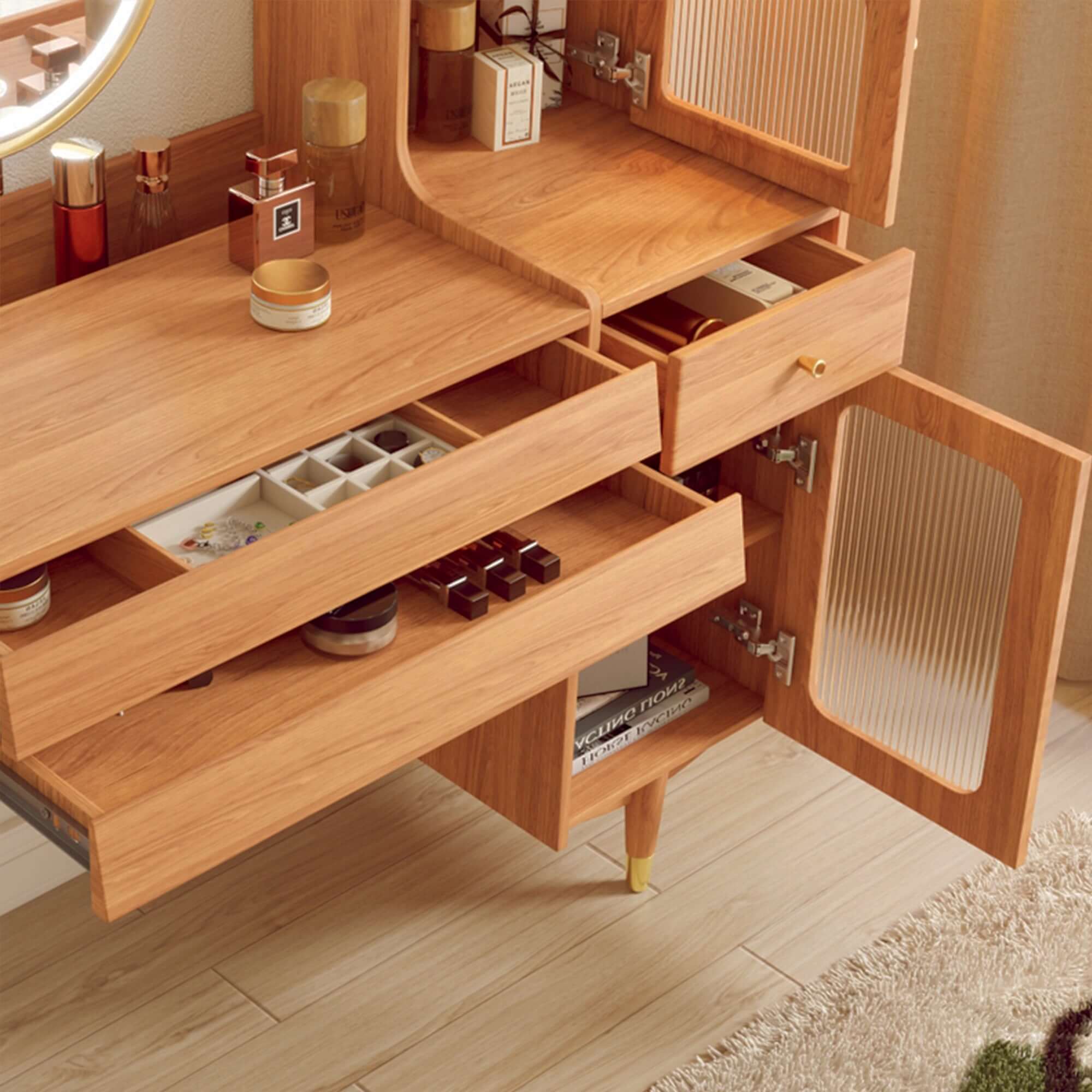 Wooden storage dressing table with adjustable side cabinet for versatile organization