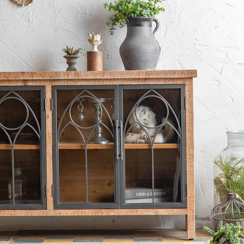 59" Farmhouse Display Cabinet with Gothic Arch Accents