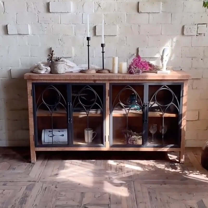 59" Farmhouse Display Cabinet with Gothic Arch Accents