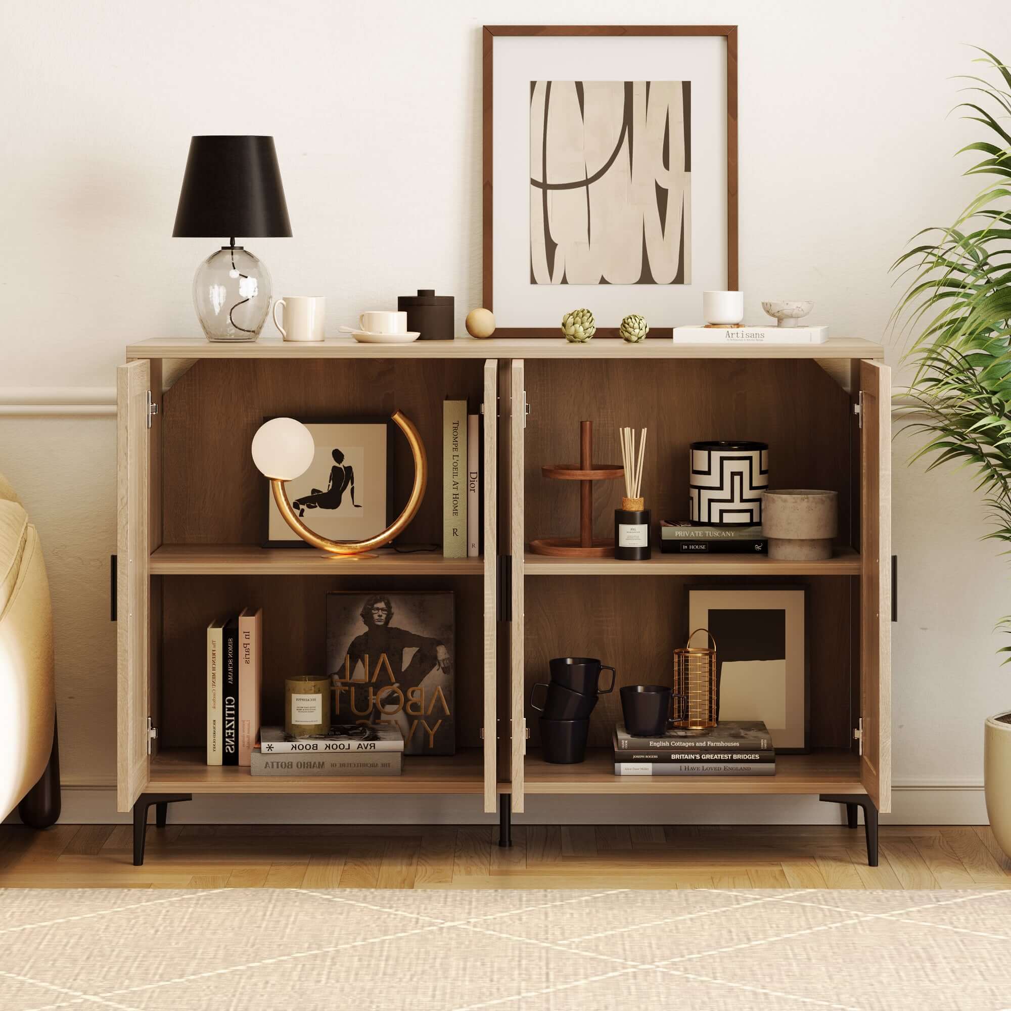 Sideboard cabinet with rattan decoration and four doors, measuring 48.42 inches wide