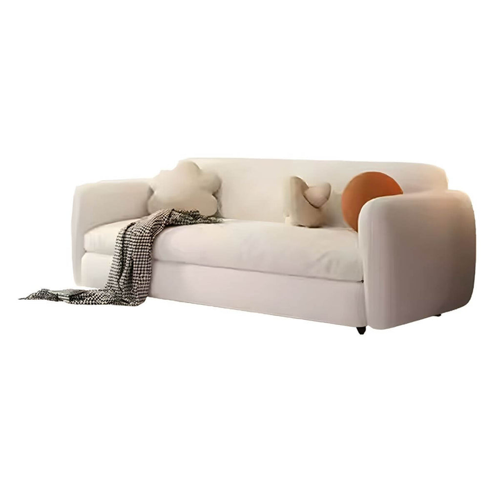 Modern white sleeper sofa with detachable mattress, casters, and black legs, 51 by 37 inches