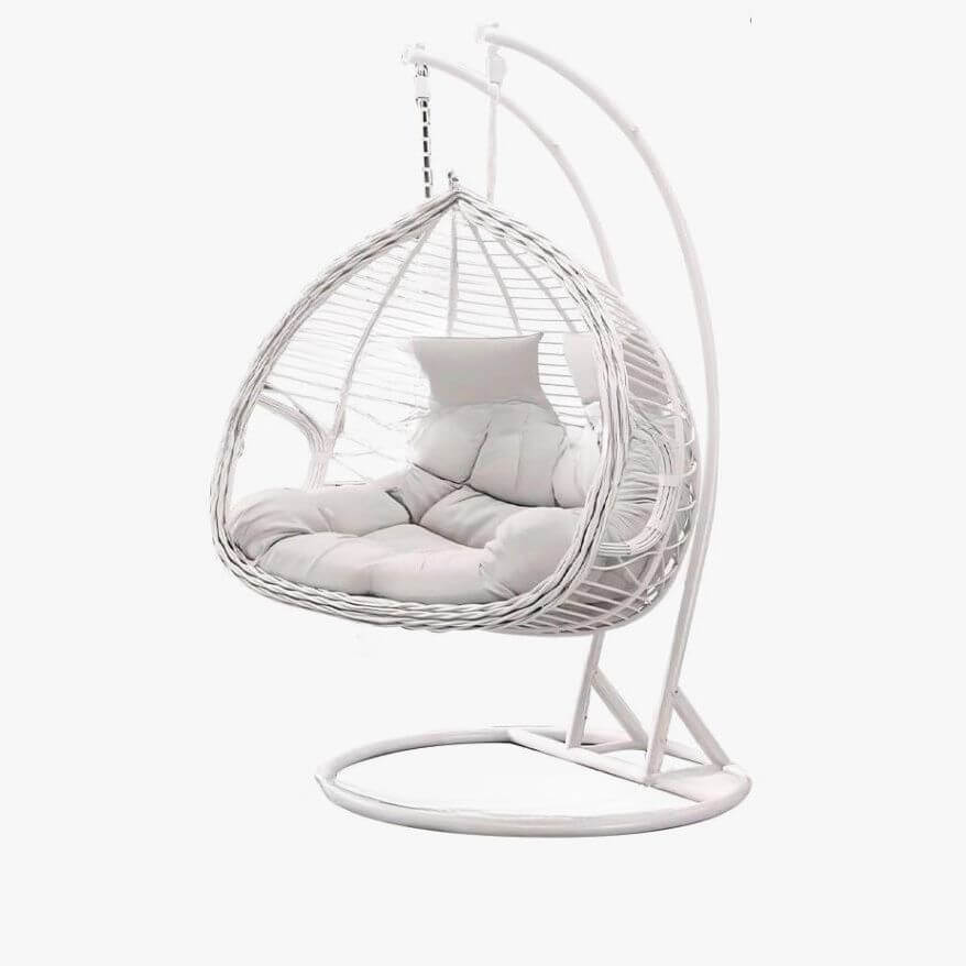 Porch swing with tropical ivory and auburn hydrophobic framed pads, metal stand and chain included