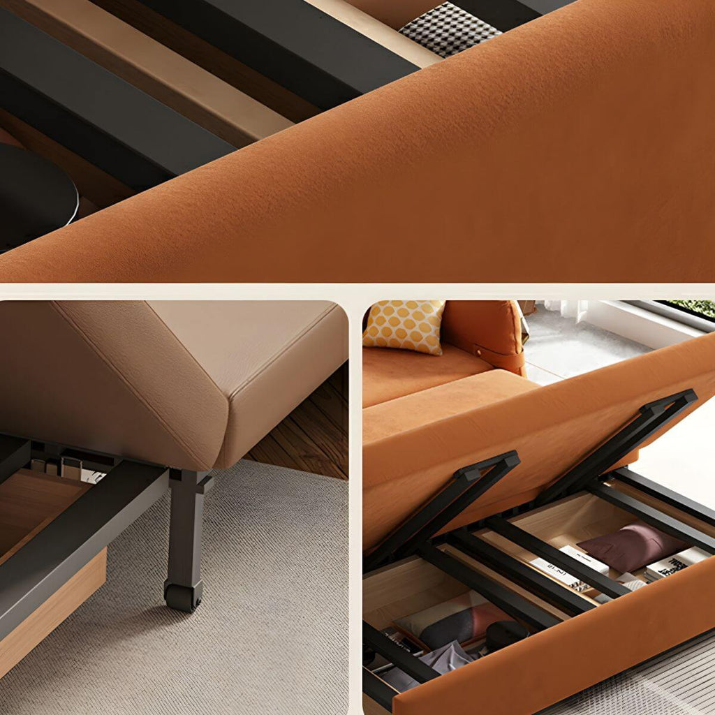 Orange polyester blend sleeper sofa with scratch-resistant surface and detachable mattress futons