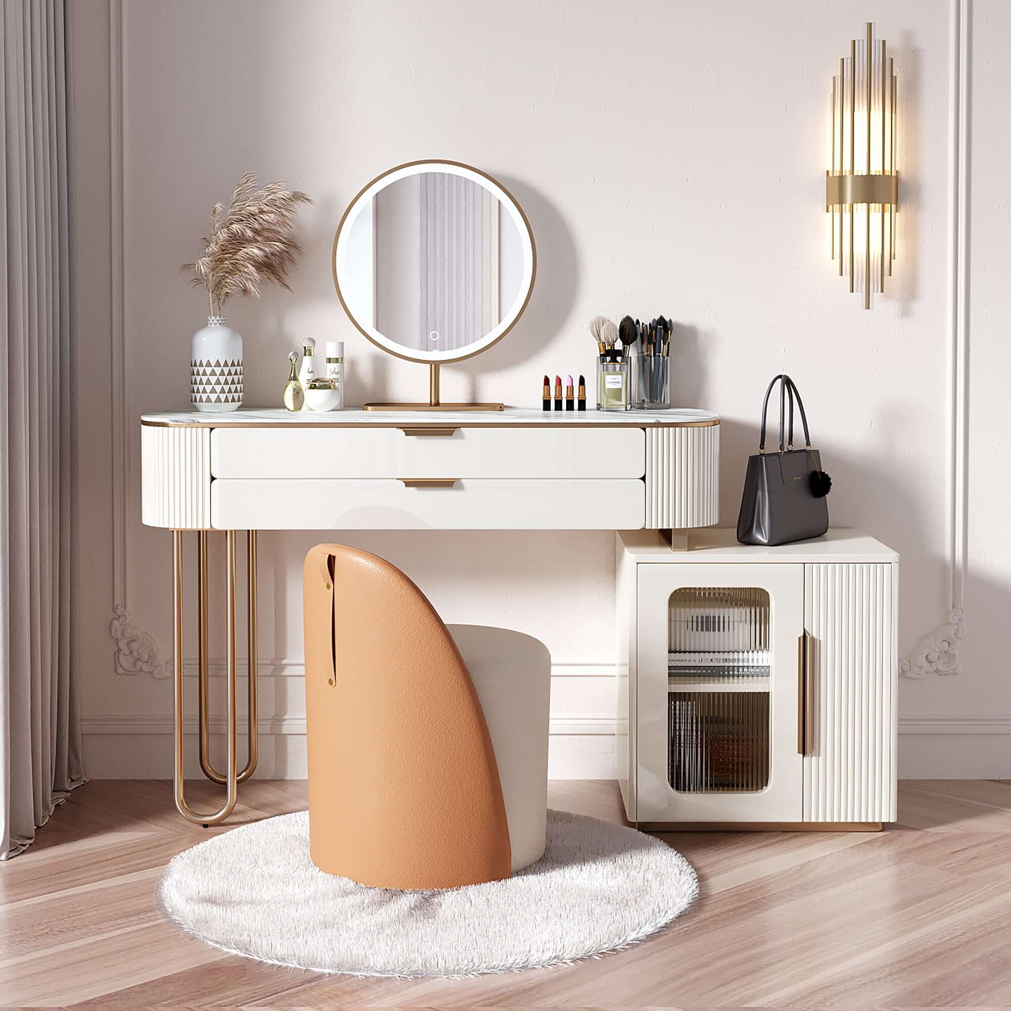 White modern makeup vanity table with LED lighted mirror and storage cabinet