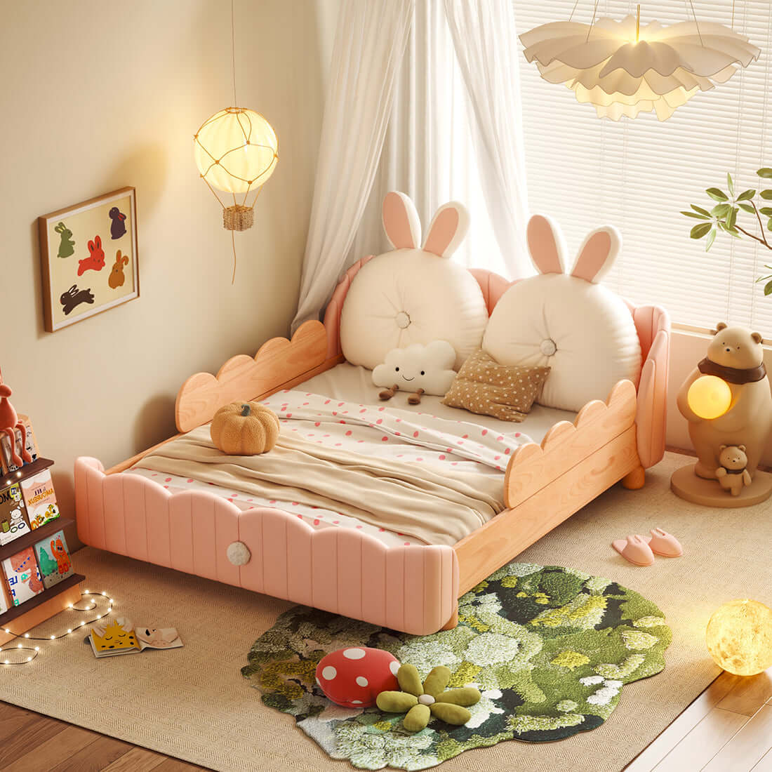Solid wood kids bed featuring a rabbit cartoon cushion and protective guardrail for safety